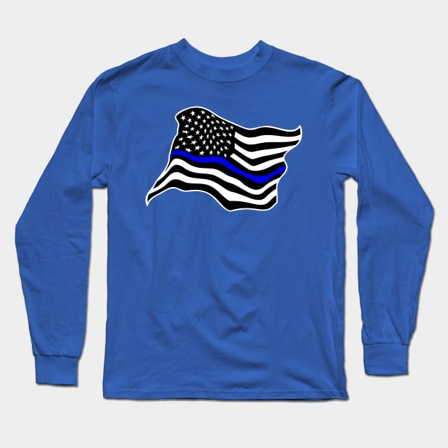 Waving USA Police Thin Blue Line Flag Long Sleeve T-Shirt by hobrath